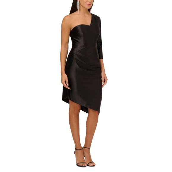 Aidan Mattox Satin One Shoulder Mini Sheath Cocktail Dress Black Size 12 - Picture 11 of 12